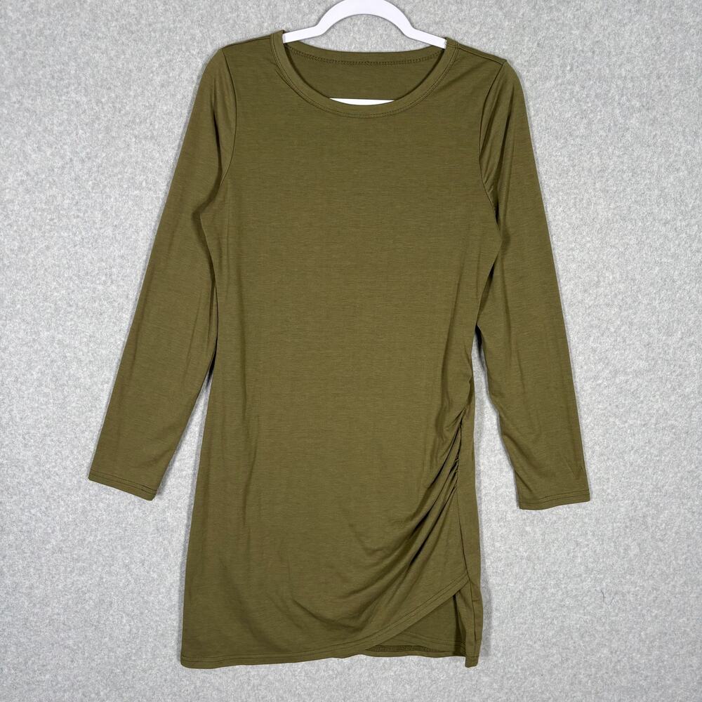 Mini Dress Womens XL Side Ruched Olive Army Pistachio Basic Minimal Matcha Thin - Picture 1 of 11